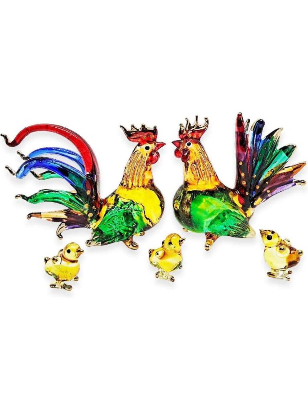 Mini Rainbow Chicken Family Figurine Set - 5 Hand Blown Glass Birds, Colorful